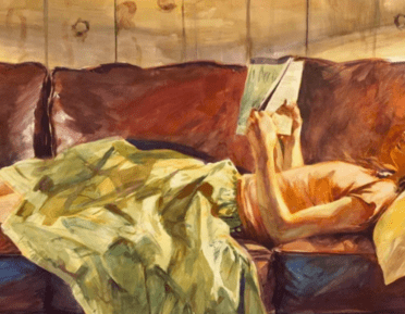 Painting of a girl reading a book on the sofa