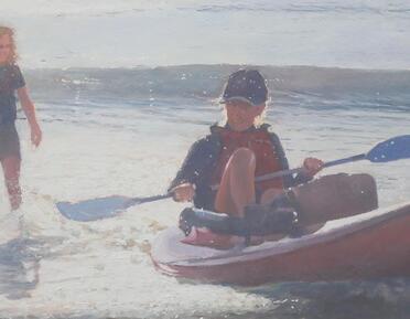 Two figures in the sea, standing and rowing