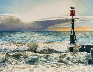 Colour pencil drawinf of a sea shore, with a wooden post poking out of the waves, a bird sits on top of the post
