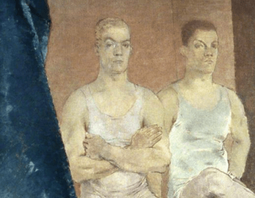 Painting of two acrobats in leotards sitting side by side backstage