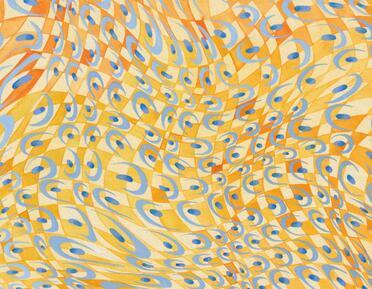 swirling, abstract watercolour painting in oranges and yellows